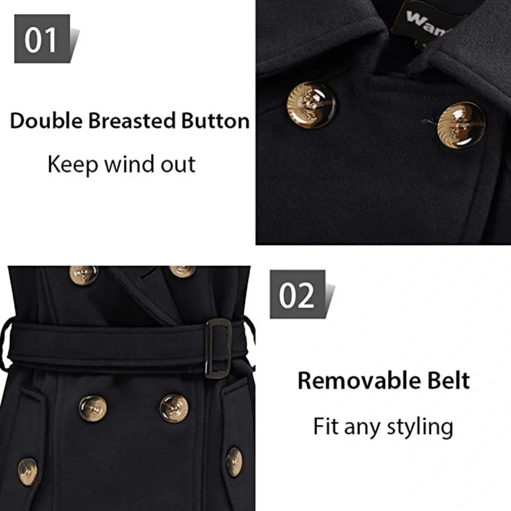 New Women's Double Breasted Trench Coat Pea Coat Winter Mid-Long with Belt - Picture 5 of 5